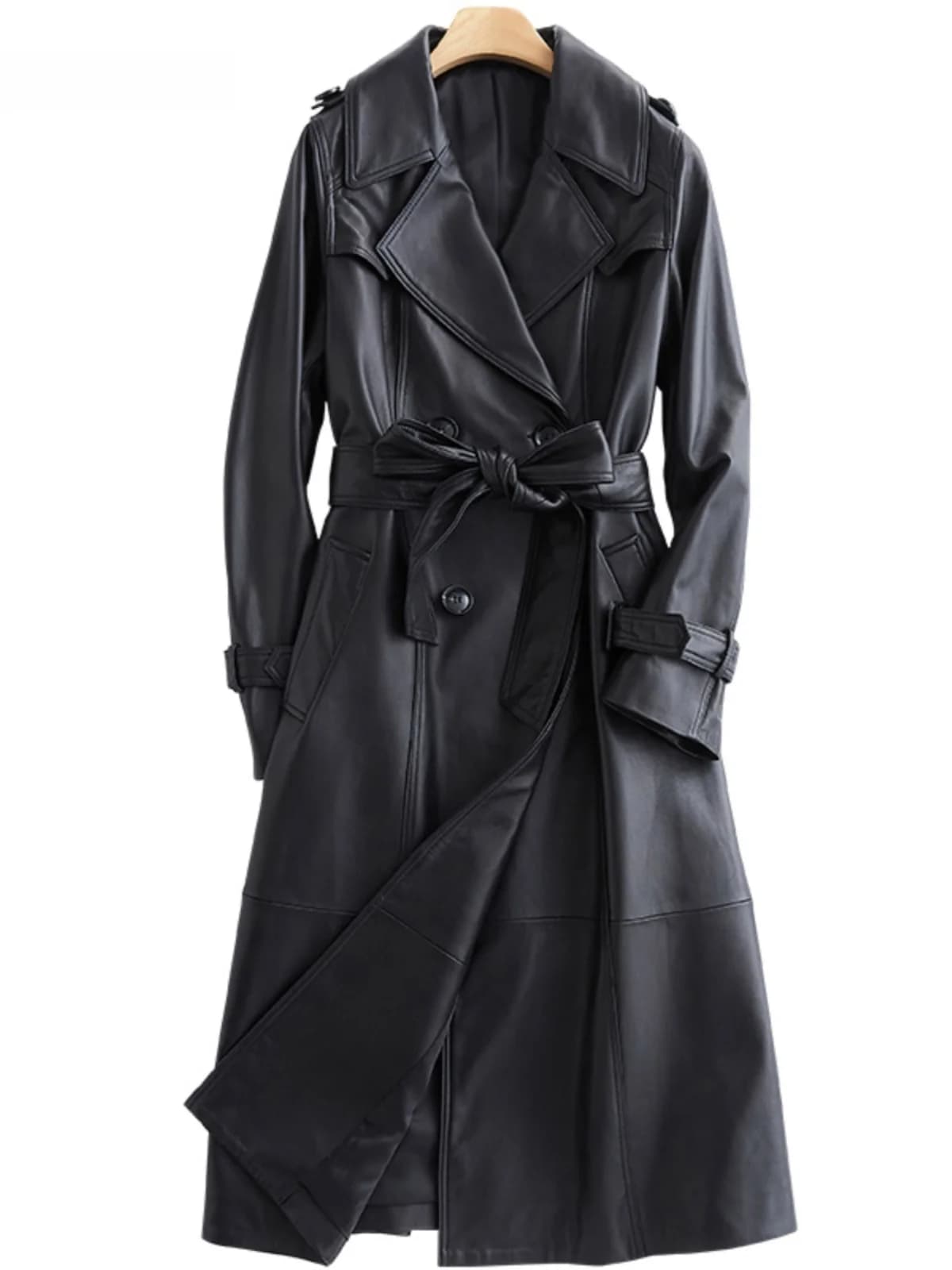 Giacca in Pelle PU Nera da Donna Nerazzurri, Cappotto Lungo Doppiopetto con Cintura, Stile Commuter, Impermeabile, Manica Lunga
