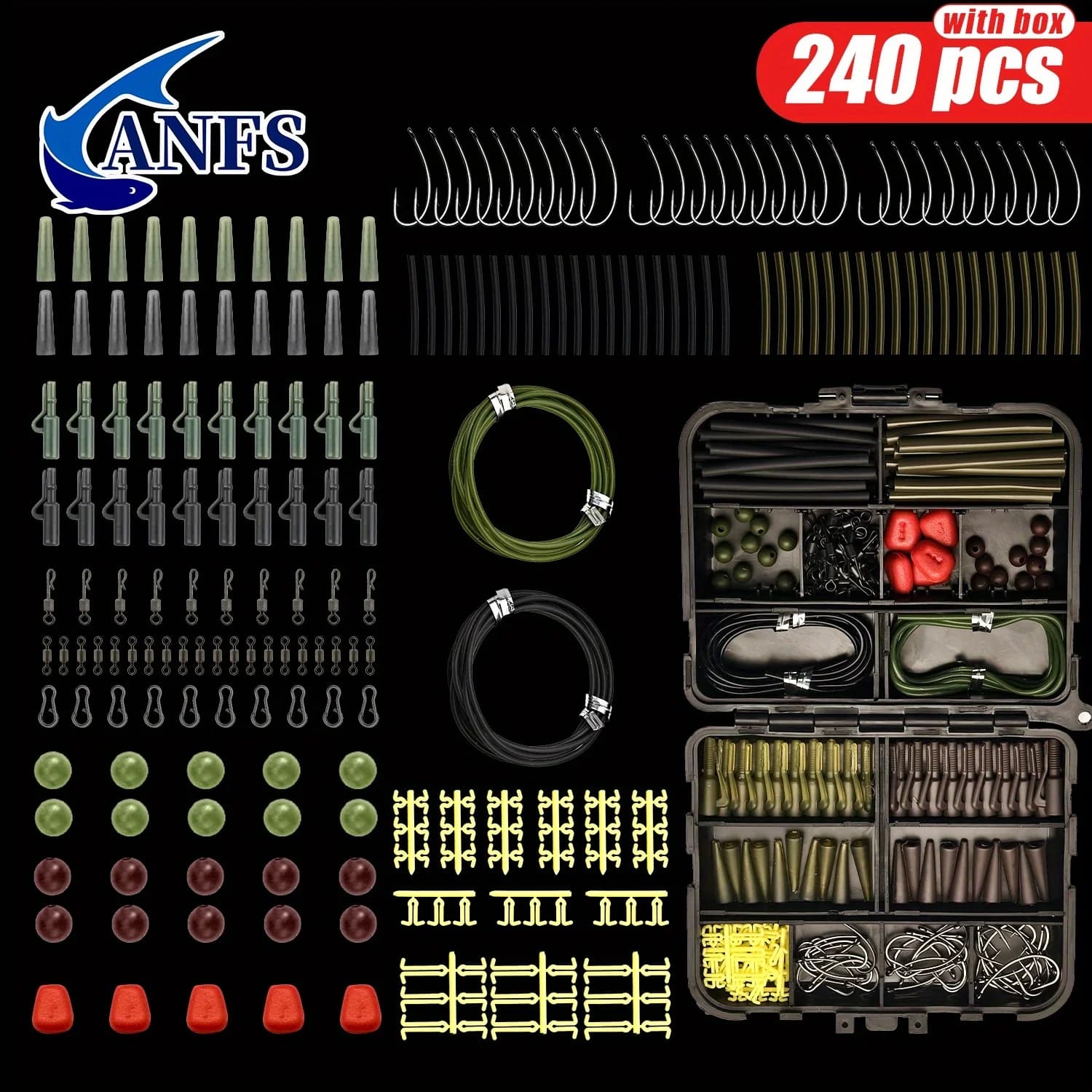 ANFS Kit 240-piece carp fishing gear with jig heads, hooks and accessories - Portable flip-top box for fishermen