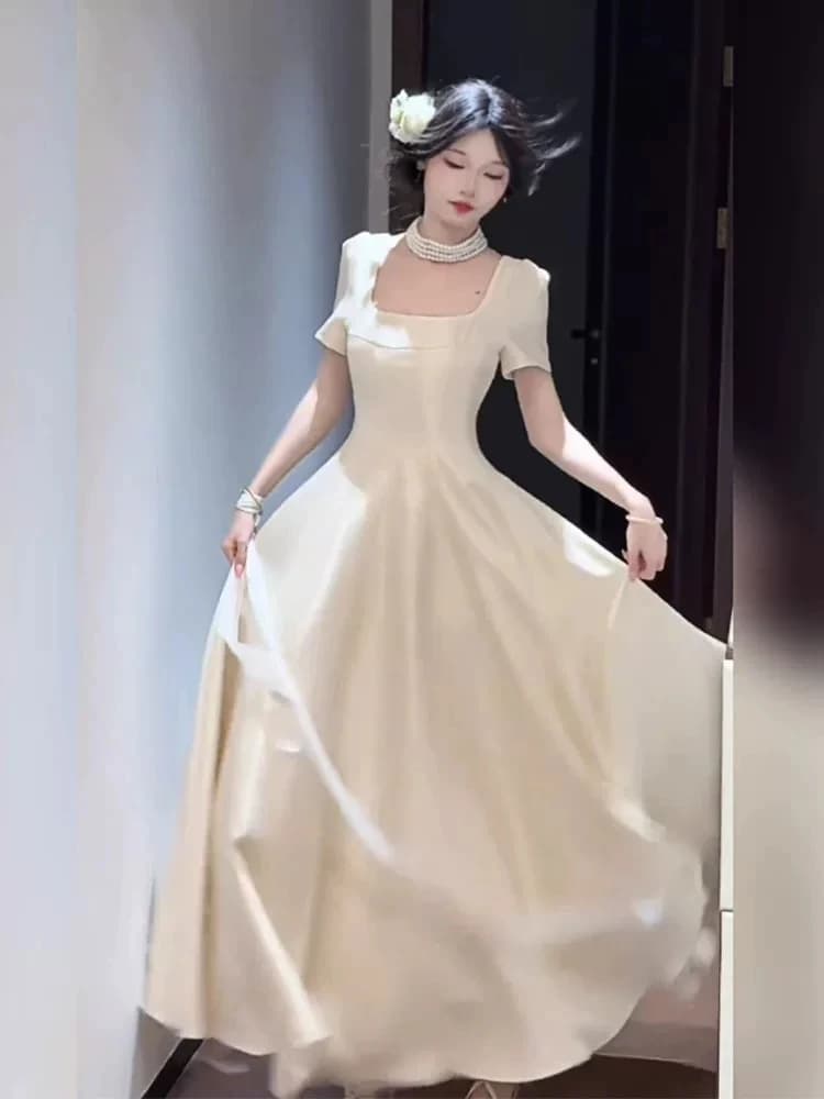 Keni plus Size Pure Desire Square Neck Silk Face Hepburn Dress Women Summer Slightly Plump MM Elegant Long Dress