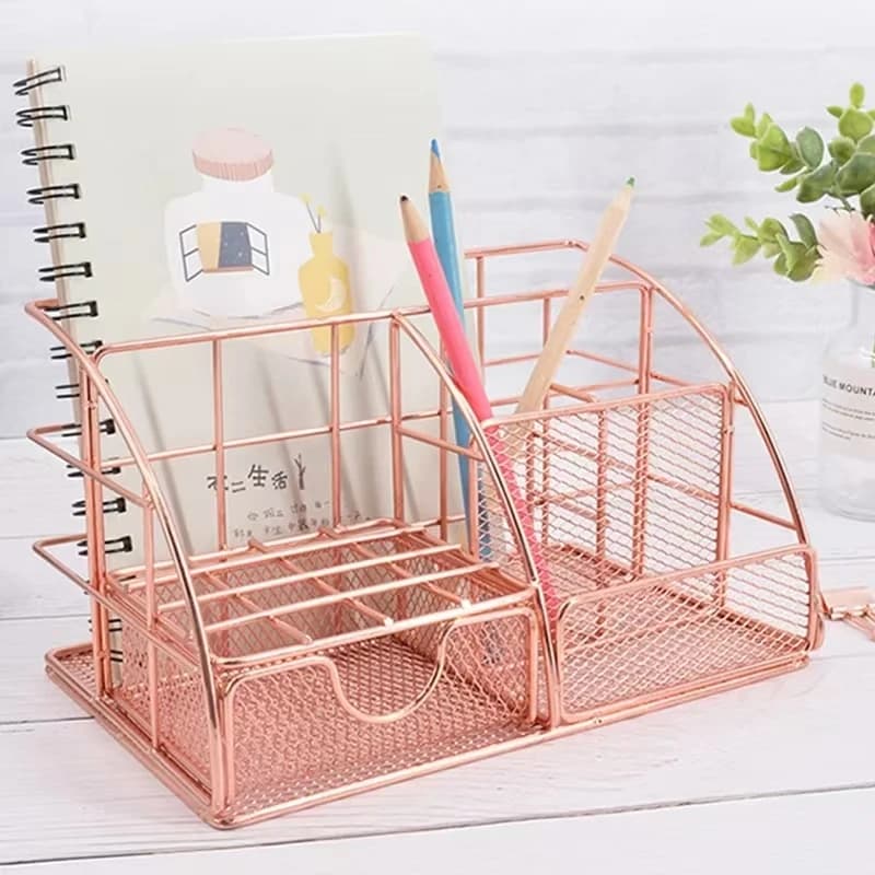 Organizzatore da scrivania in rete di ferro alla moda Portapenne per matite Caddy con cassetto per accessori da scrivania Materiale scolastico per ufficio domestico Oro rosa