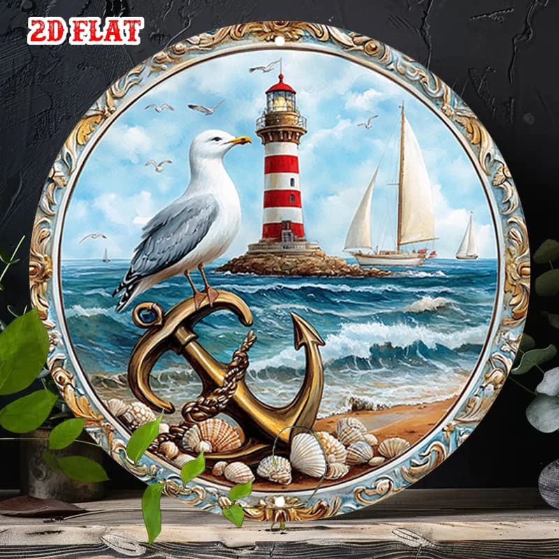 2D Flat Round Aluminum Wall Decoration Featuring a Lighthouse, Seagull Art, Anchor Design, And a Sailing Boat, Indoor Use