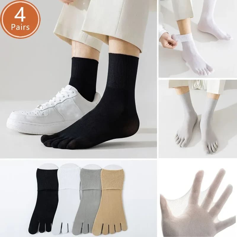 4 Paia di Calzini Sottili a Cinque Dita per Uomo, Traspiranti in Seta, Semplici, Traslucidi, Elastici e Assorbenti per l'Estate