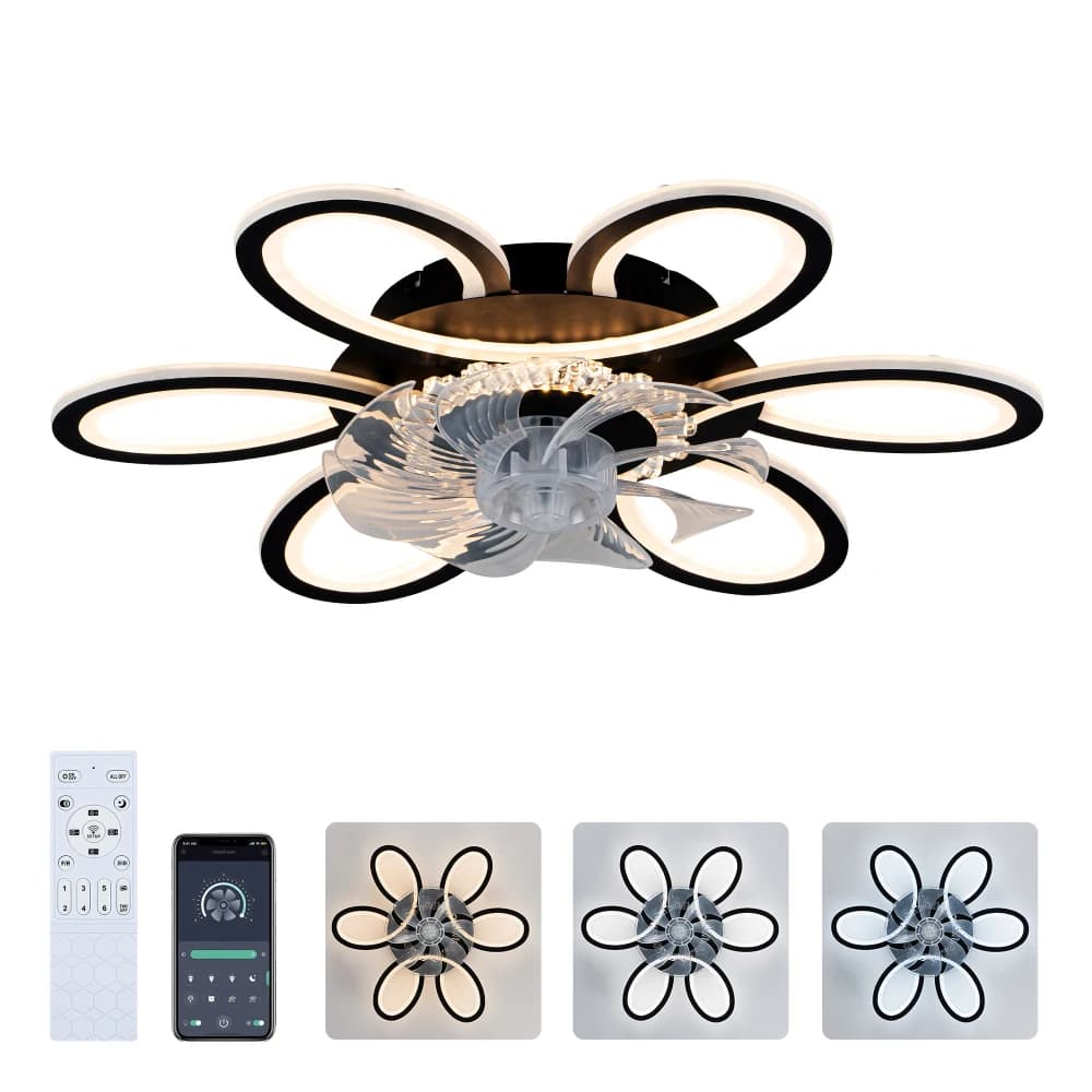 Ventilatore da soffitto con luci e telecomando, 5 pale, controllo tramite APP, 25 pollici, nero, 6 velocità, 3 colori di luce, a basso profilo, a incasso.