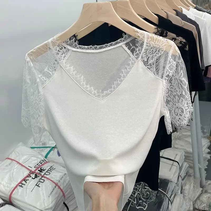Estate nuovo scollo a V patchwork di pizzo magliette sexy allentate manica corta solido scava fuori top da strada moda casual abbigliamento donna
