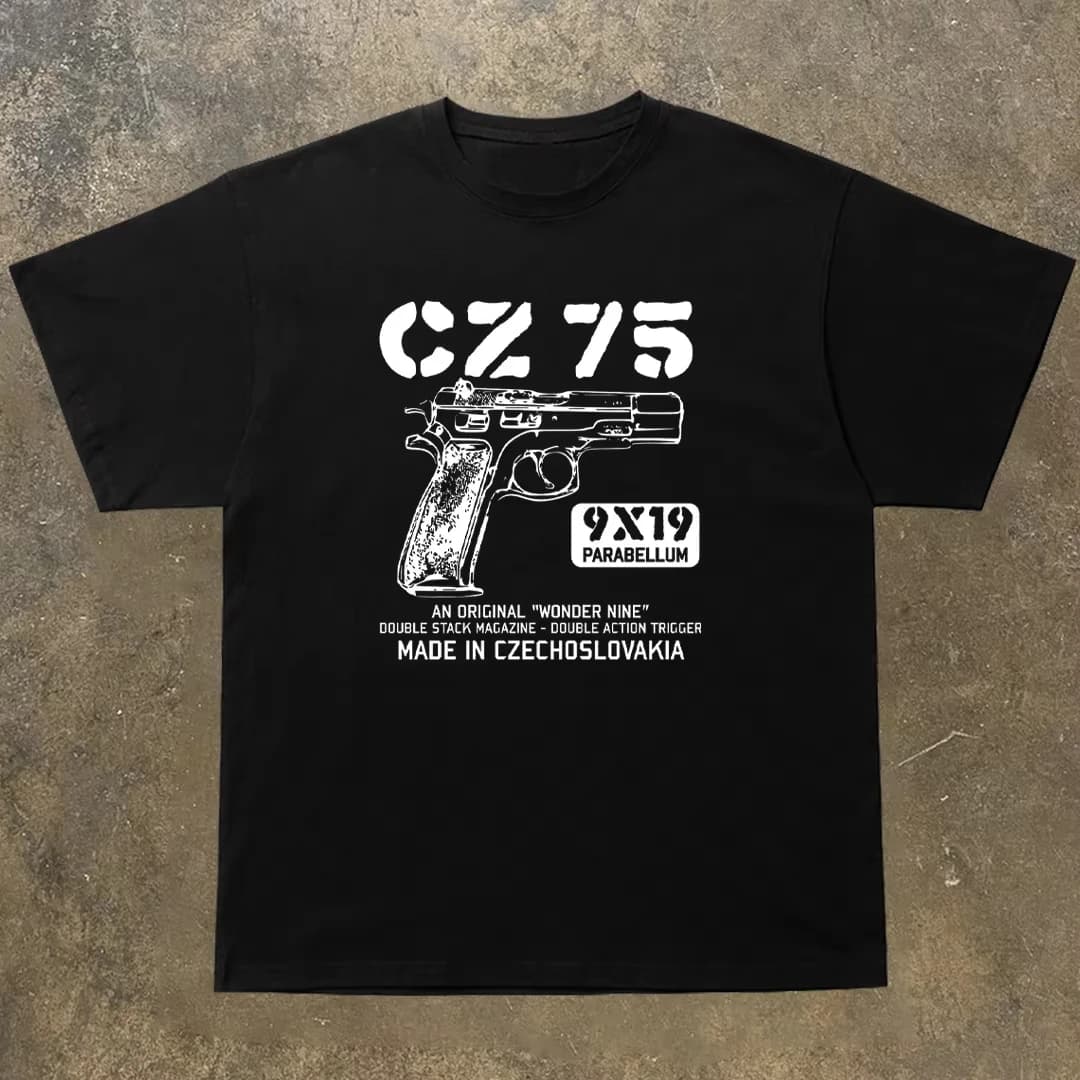 2026 New Retro CZ75 Pistol Print Prints Men Clothes Fashion T-Shirts Streetwear Cotton Loose Tops Breath