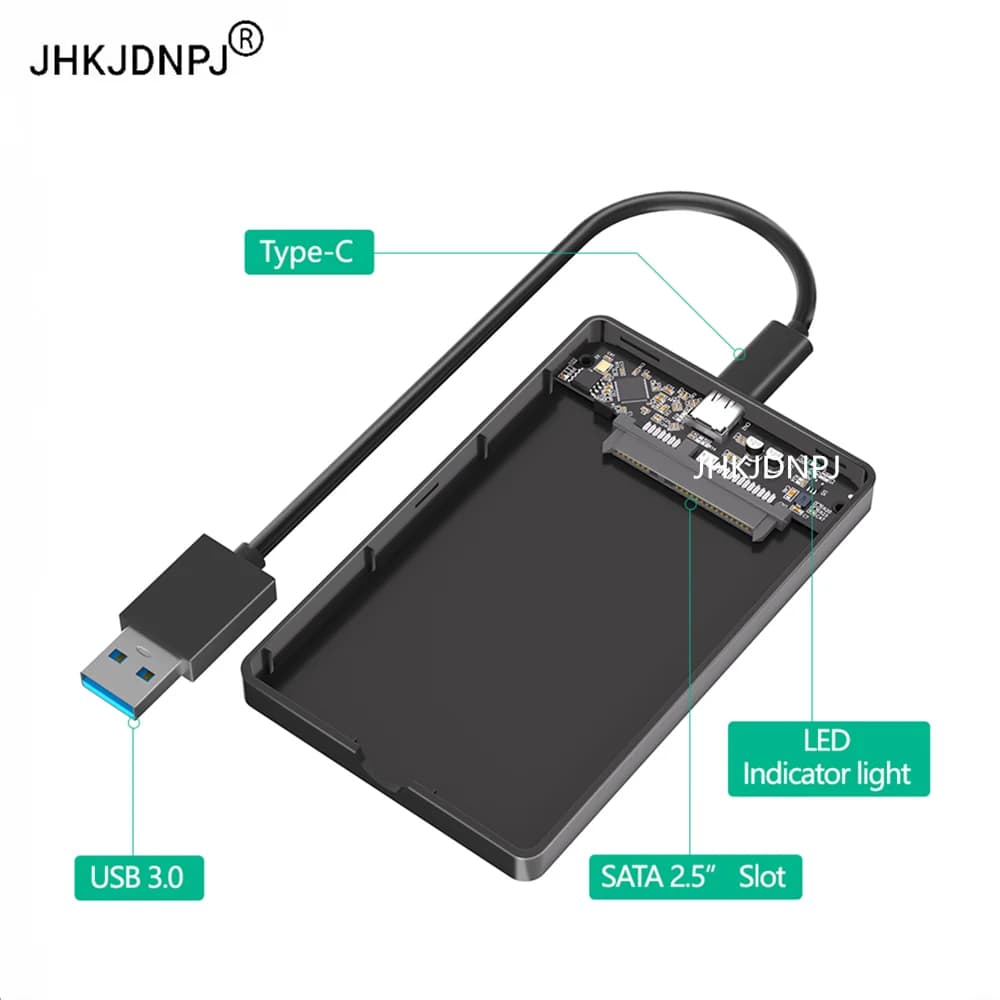 Portable 2.5 Inch SATA SSD Hard Drive Disk Enclosure Type C 3.1 to SATA 2.5 External HDD Black Plastic Case