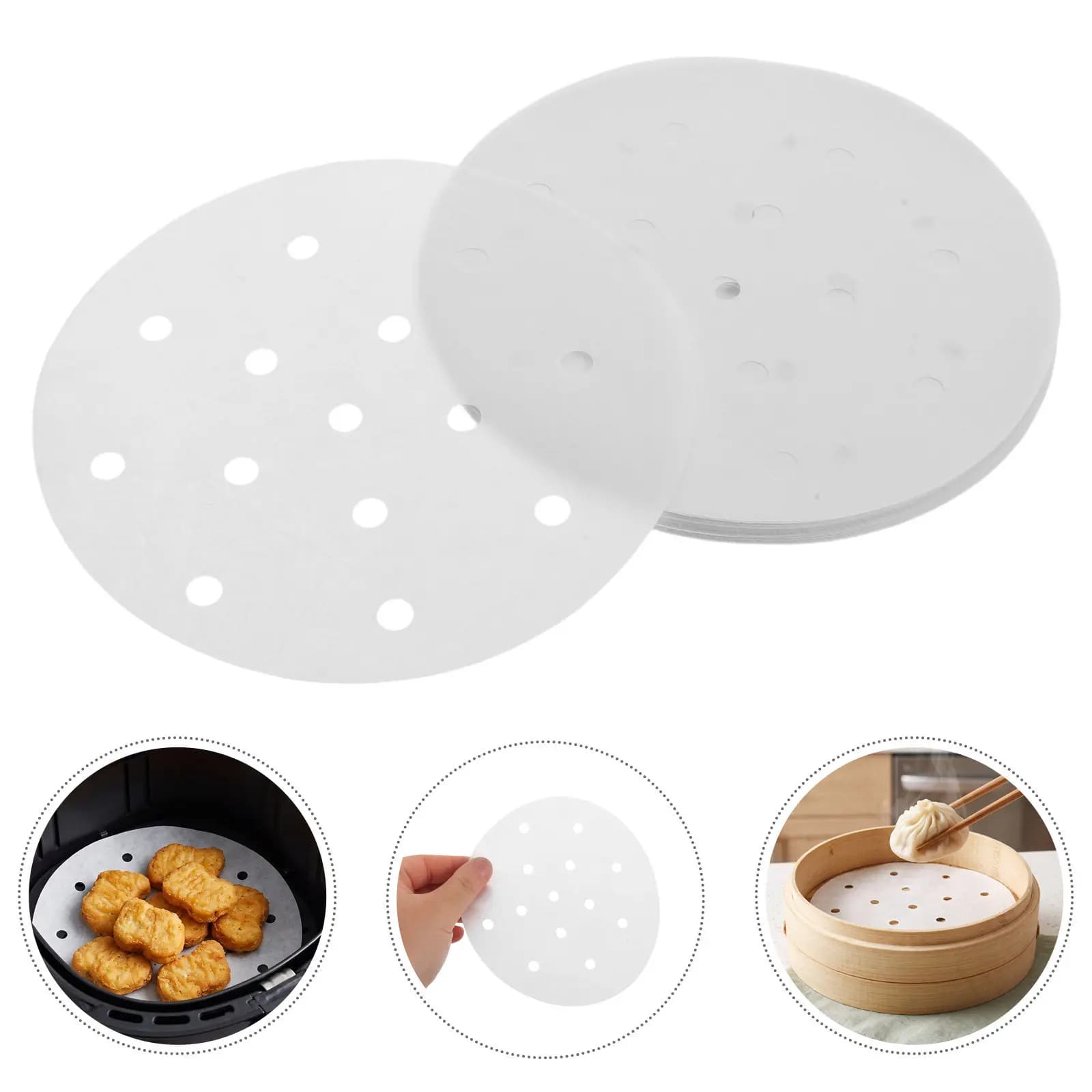 300Pcs 5.6 Inch Round Steamer Paper Nonstick Perforated Silicone Parchment Liners for Air Fryer Dumpling Buns Veggie Steaming
