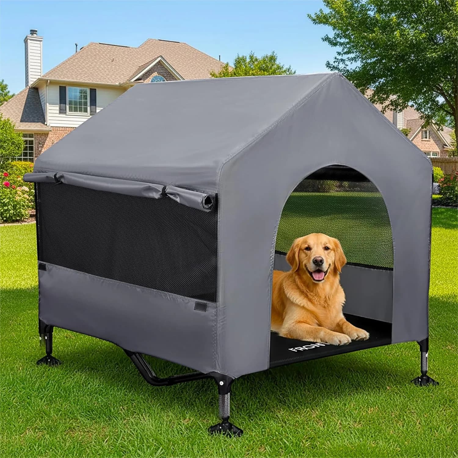 Cuccia per Cani da 42 Pollici con Finestre in Rete Traspirante, Letto Rialzato 2-in-1 e Riparo per Esterni, Facile da Montare e Pulire per Interni/Esterni