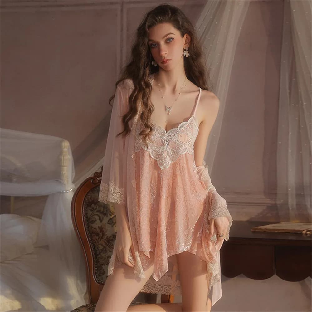 Twinset Robe Set Donna Maglia di pizzo Accappatoio Camicia da notte in velluto Completo Pigiama Indumenti da notte in velluto Abito da notte Kimono