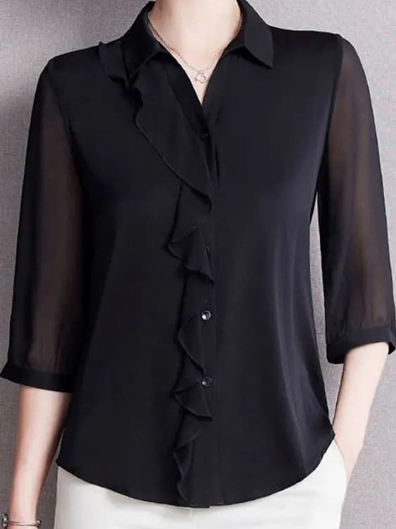 Black Satin Women's Shirt 2025 New Korean Style Fashion Outerwear Chic Three-quarter Sleeve Blouse Chiffon Top Commute Wind