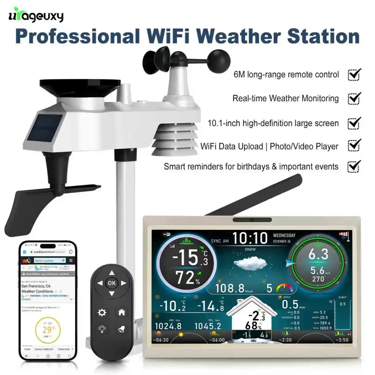 Stazione Meteo WiFi con Schermo TFT HD da 10.1 Pollici, Sensore Wireless a 100M, Controllo tramite App, Cornice Fotografica Digitale, Sveglia Intelligente per Casa