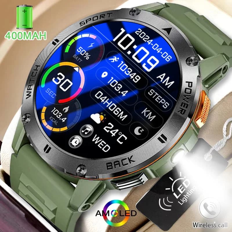 Smartwatch modello 2026 con batteria da 400 mAh, resistente all'acqua IP67, display IPS ad alta definizione 360*360, torcia, cardiofrequenzimetro e tracciamento del movimento