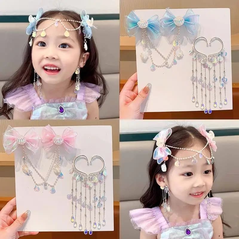 Simpatica catena per capelli a forma di sirena, perla finta e stella in resina, nappa, copricapo da principessa, set di forcine ipoallergeniche per ragazze