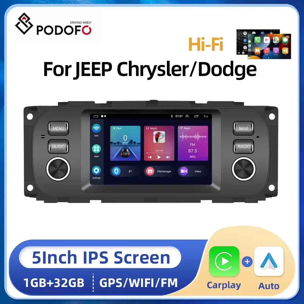 Podofo Android 2Din 5 ''Autoradio per JEEP Cherokee Dodge Chrysler lettore Video multimediale Carplay Autoradio lettore Stereo GPS