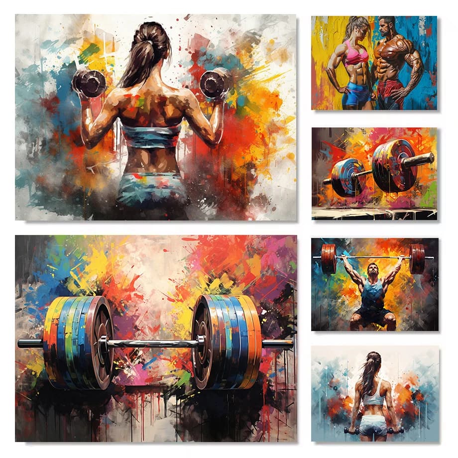 Graffiti Barbell Girl with Dumbbells Workout Fitness Bodybuilder Sport Poster Canvas Painting Wall Art Pictures Home Gym Decor
