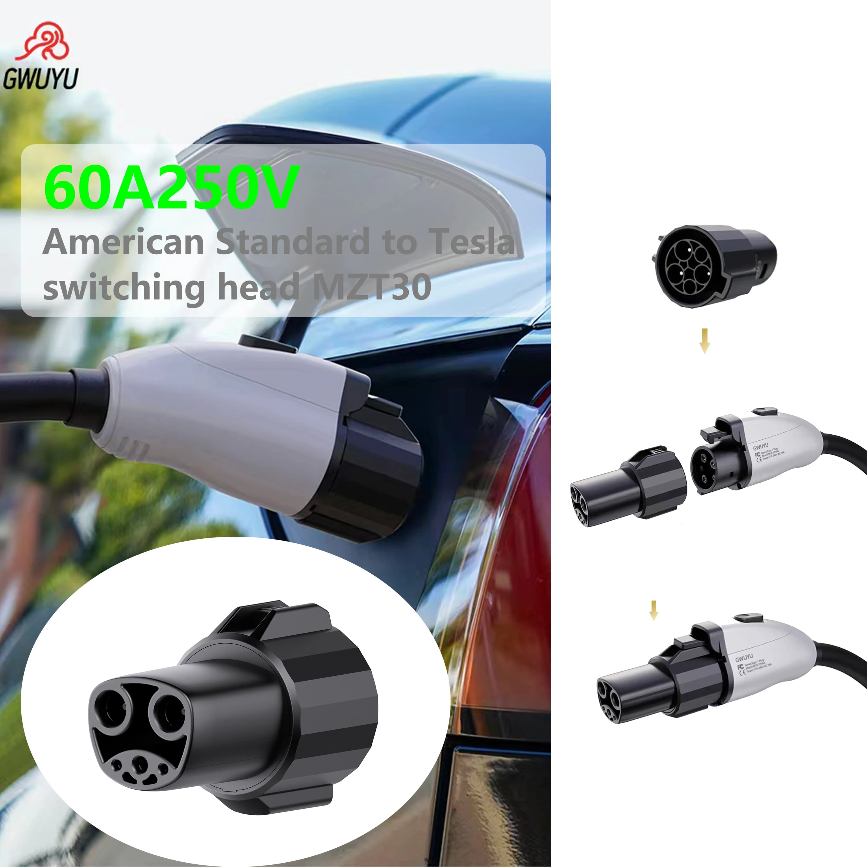 Adattatore di ricarica GWUYU SAE J1772 a Tesla 60A 250V AC, connettore per caricabatterie EV compatibile con Model 3 S X Y NACS, impermeabile IP54