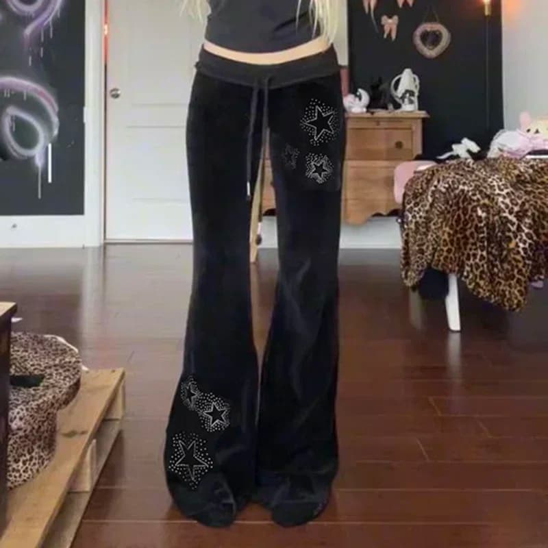 Pantaloni svasati in velluto con stella di strass Y2K Pantaloni sportivi larghi a vita alta estetici da jogging Pantaloni basic casual con taglio a stivale