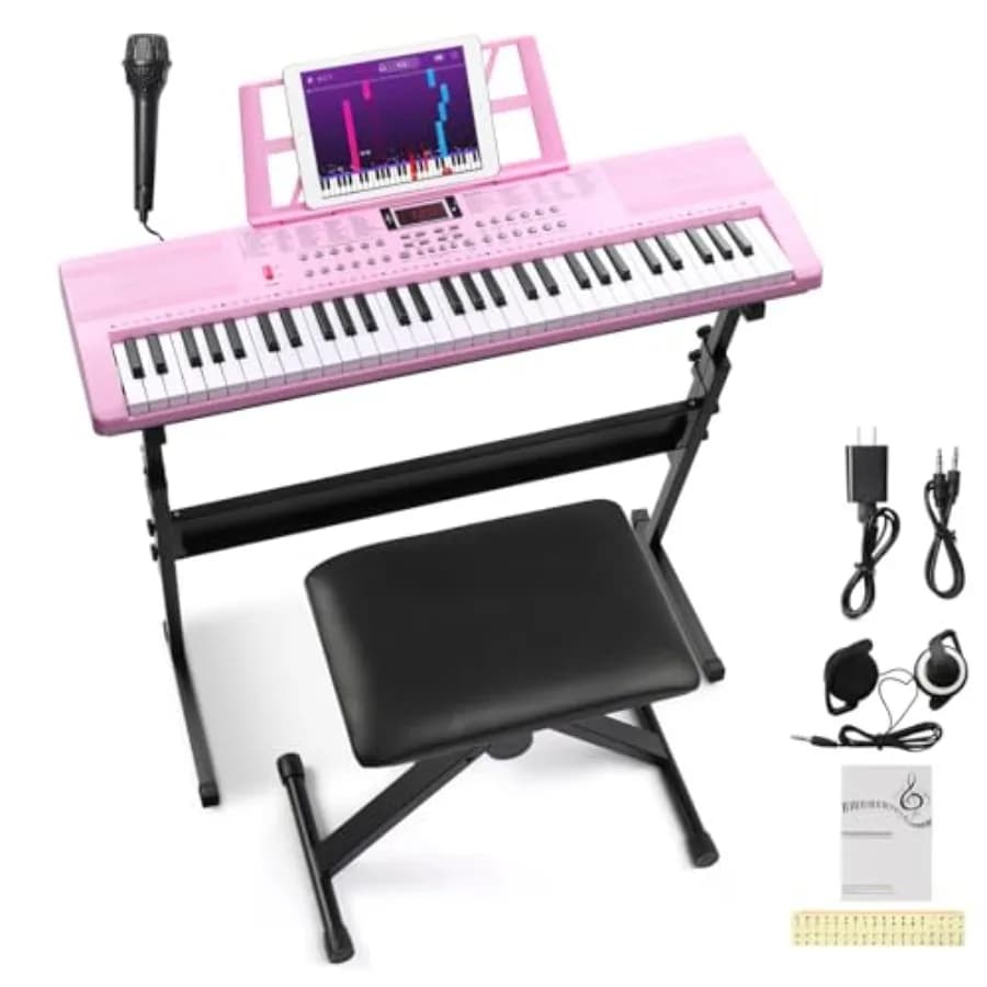Set Tastiera Elettrica a 61 Tasti con Cuffie, Microfono, Supporto Musicale, Adattatore di Alimentazione, Supporto per Pianoforte, Panca per Pianoforte, Manuale, Dimensioni Standard