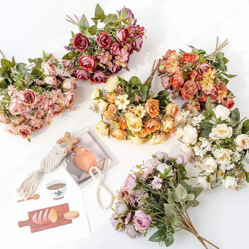 Fiore Secco Artificiale Rosa a Stelo Singolo con Perline di Melograno, Bouquet Floreale, Fiore Finto Realistico per Decorazione