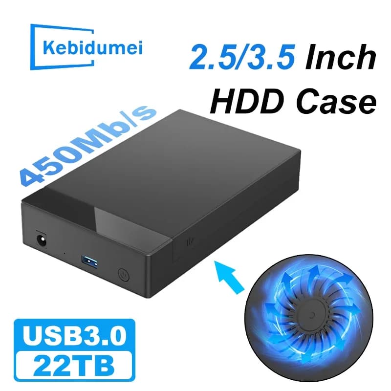 Custodia per HDD da 2,5/3,5 pollici Adattatore da SATA a USB 3.0 Custodia per disco rigido esterno SSD Ventola di raffreddamento 450 Mb/s Custodia per HDD da 22 TB per PC portatile