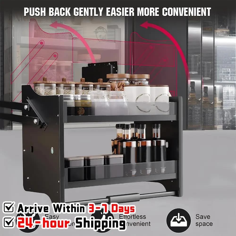 Aluminum Alloy Drop Down Sliding Rack Adjustable Capacity Space Saving Lift Basket Non-Slip Handle for Spices Dishes and Bottles