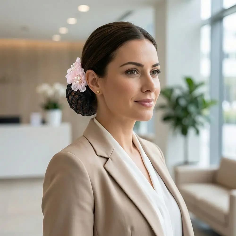 Gentle hair net with fake pearls and flower, double-use ornament, with spring clips, in coloured fabric, for chignon, for nurses