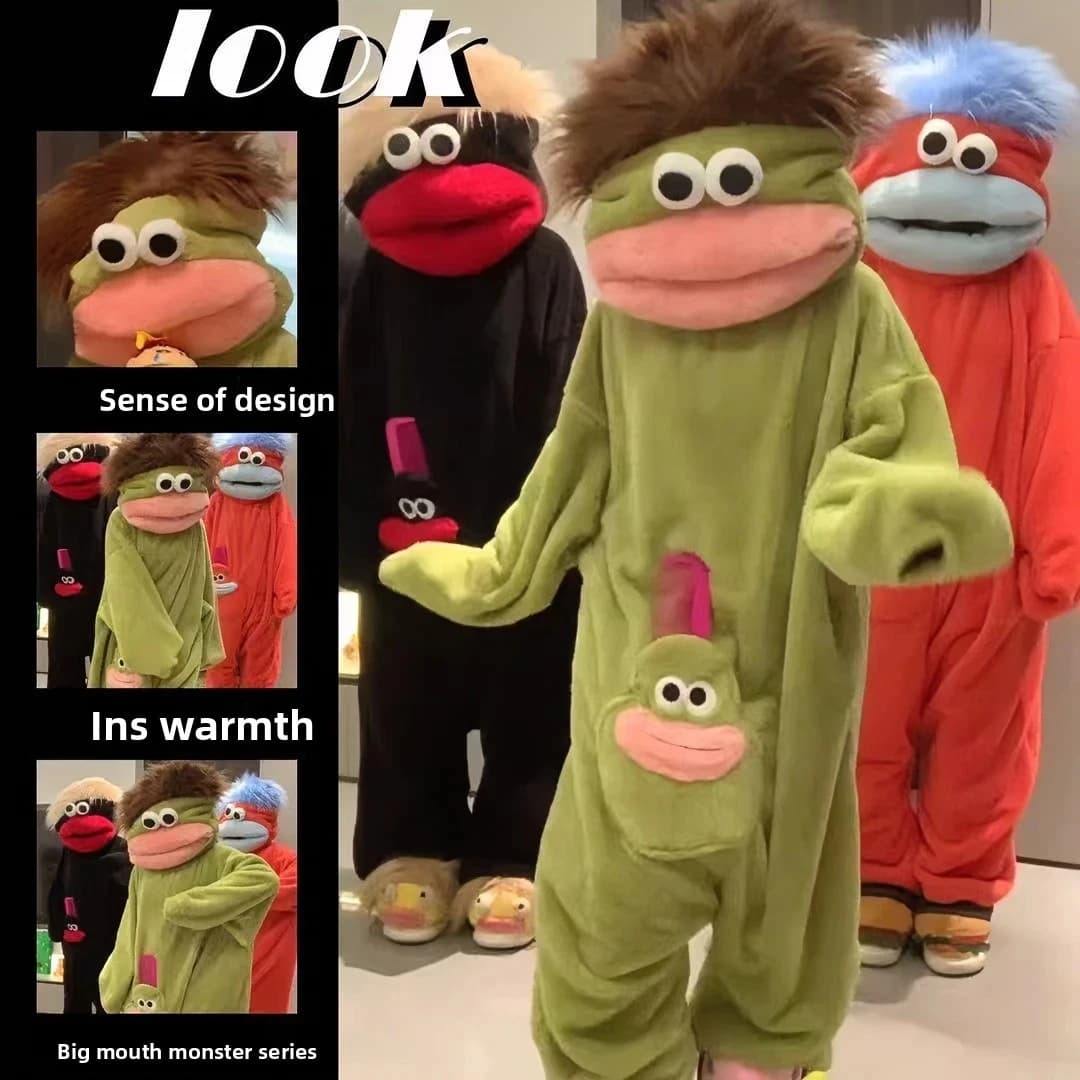 Big Mouth Monster Pajamas Coral Fleece Jumpsuit Plush Outdoor Casual Wear Suitable For Warm Home Stay In Autumn And Winter