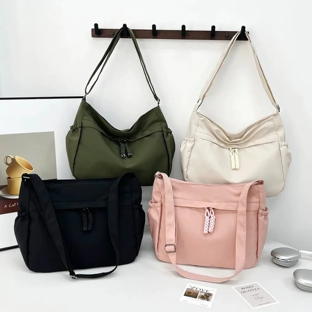 Nylon Crossbody Bags with Zipper Solid Color Casual Totes Bag Multiple Pockets High Capacity Handbag for Women Girls