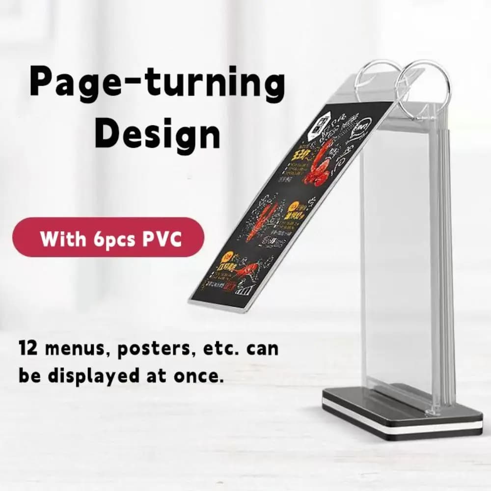 Nuovo espositore da tavolo in acrilico Design con rotazione della pagina Porta cartoline a fogli mobili Menu A4/A5/A6 Espositore per etichette prezzo Home