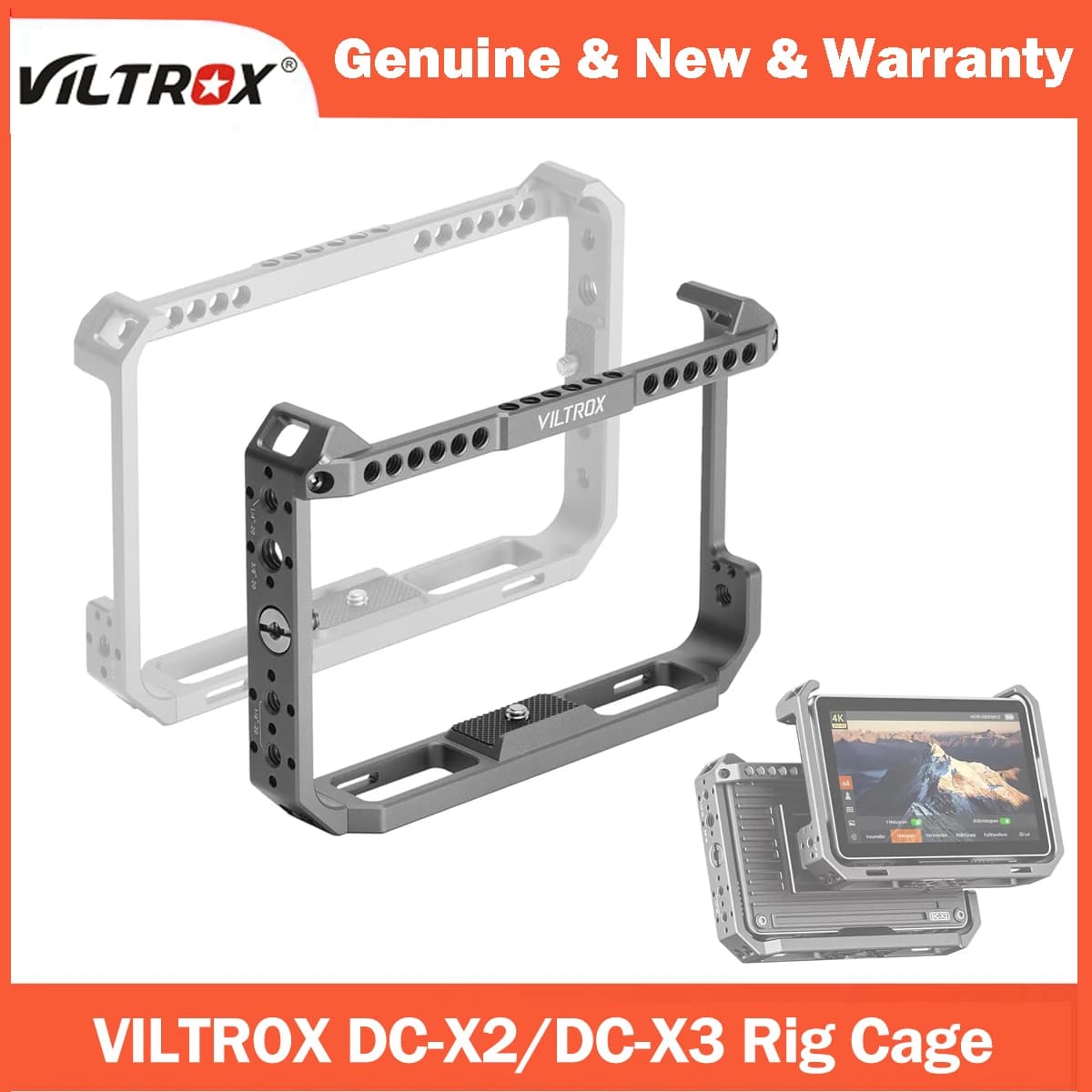 VILTROX Gabbia per monitor per telecamera per monitor da campo video DC-X2/DC-X3 con foro per vite da 1/4 per braccio magico, luci a LED, microfono