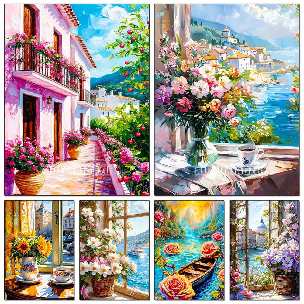 5D Diamond Art Painting Sea Window Flowers Full Diamond Mosaic Embroidery Landscape Cross Stitch Kit Crafts for Adult Home Decor