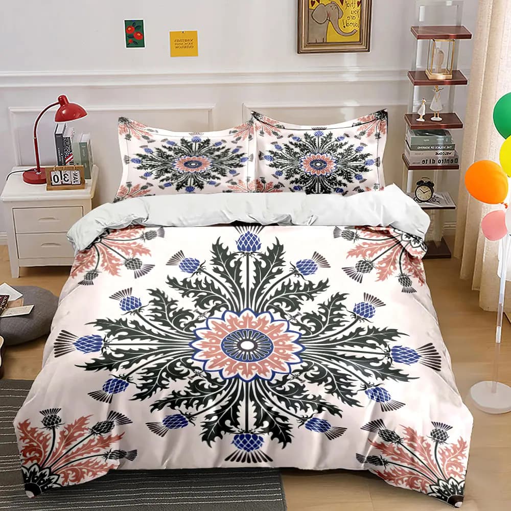 Elegante set copripiumino con motivo floreale e simmetrico a cardo, stampa digitale, biancheria da letto colorata in poliestere con chiusura a cerniera