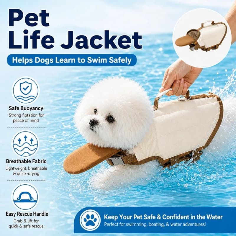 Giubbotto di salvataggio per cani, giubbotto da nuoto regolabile per cani con supporto frontale per il mento, maniglia di salvataggio, attrezzatura di sicurezza leggera per piscina e barca
