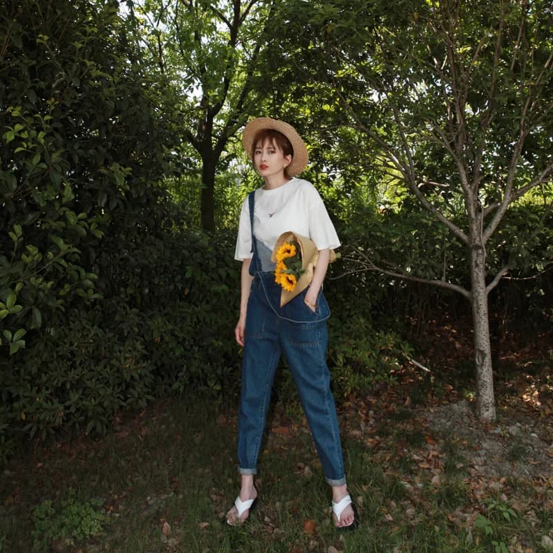 Salopette in denim morbido da donna, tinta unita, con ampie tasche, jeans bootcut, anti-sporco, vita naturale, gamba dritta