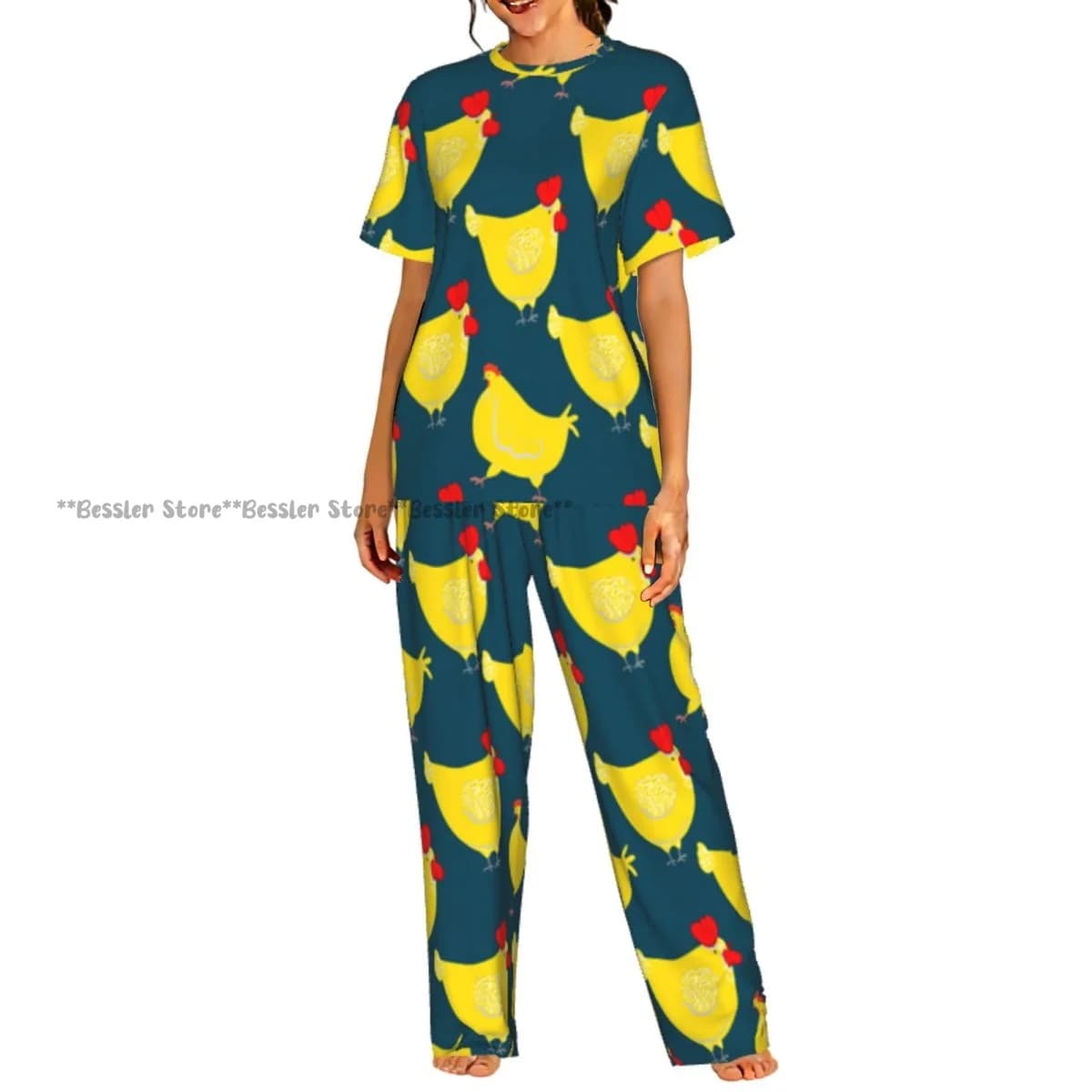 Pigiama da donna a maniche corte con illustrazione di gallo personaggio dei cartoni animati, abbigliamento per la casa