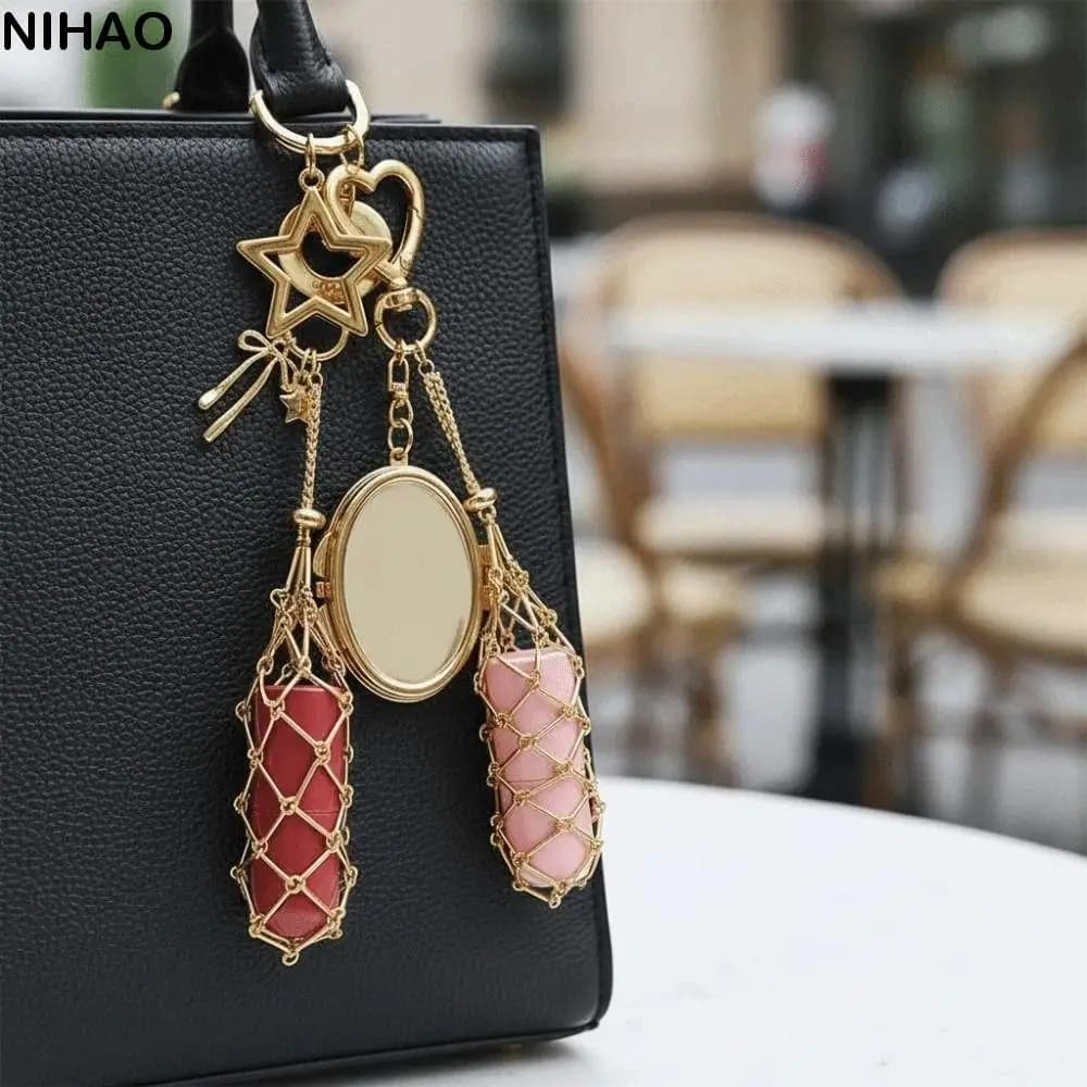 Portachiavi con borsa per rossetto tascabile in rete portatile Mini portachiavi con borsa in rete metallica cava con portachiavi con copertura creativa per rossetto a specchio