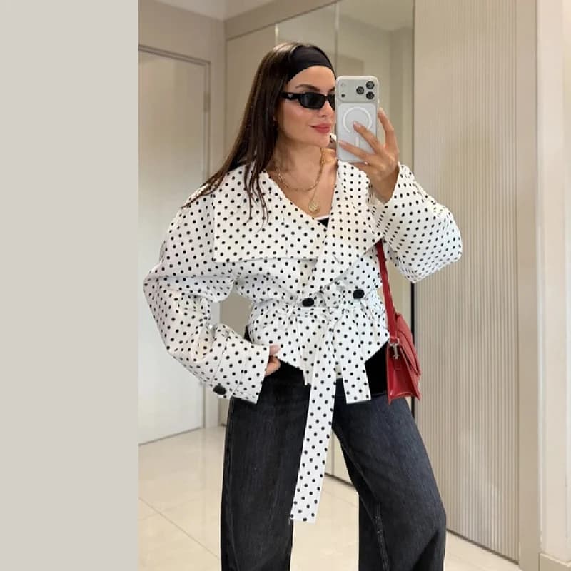Elegant Polka Dot Belted Short Trench Coat Stand Collar Double‑breasted Button Loose Windbreaker Vintage Casual Outerwear Jacket