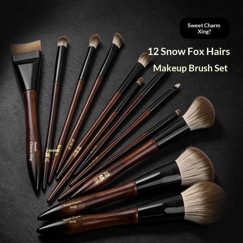 Set of 12 Makeup Brushes with Wood Handle, Synthetic Sets Fox Effect, for Fondotinta, Ombretto and Blush, Professional Beauty Tools