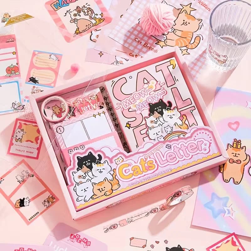 Cute Cat Themed Scrapbook Gift Set - Journaling Stationery Kit with Stickers, Notebook & Decor Supplies