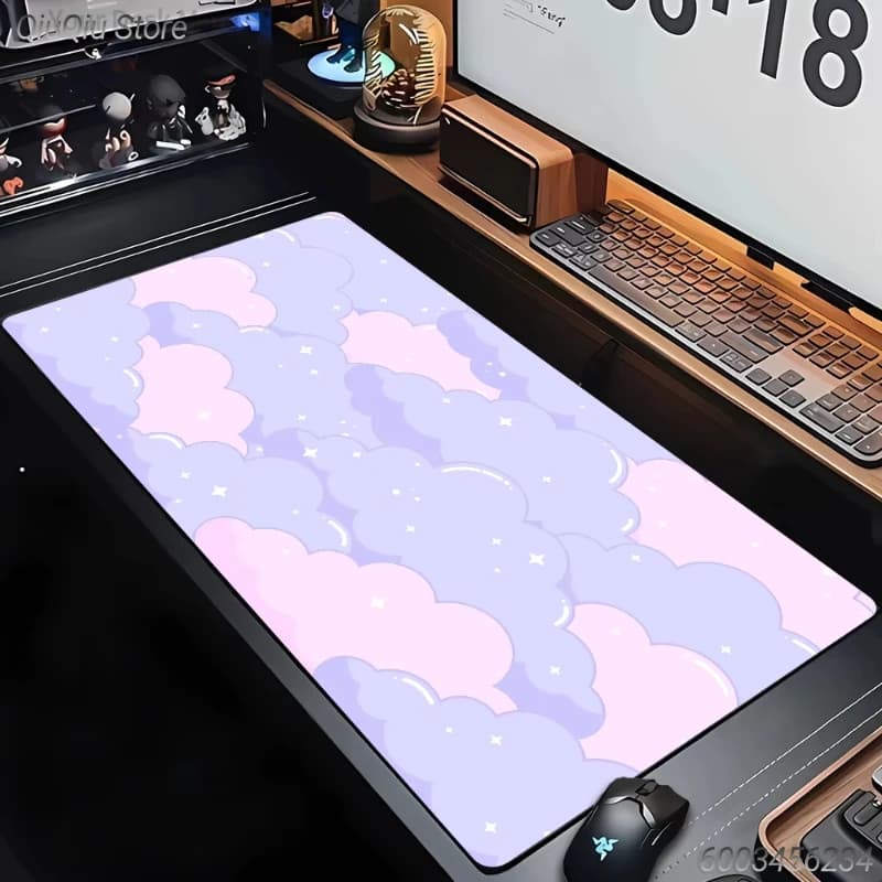 Tappetino da scrivania in gomma antiscivolo con stampa nuvole rosa pastello e viola, bordo rinforzato, grande, per gaming e ufficio (1 pezzo)