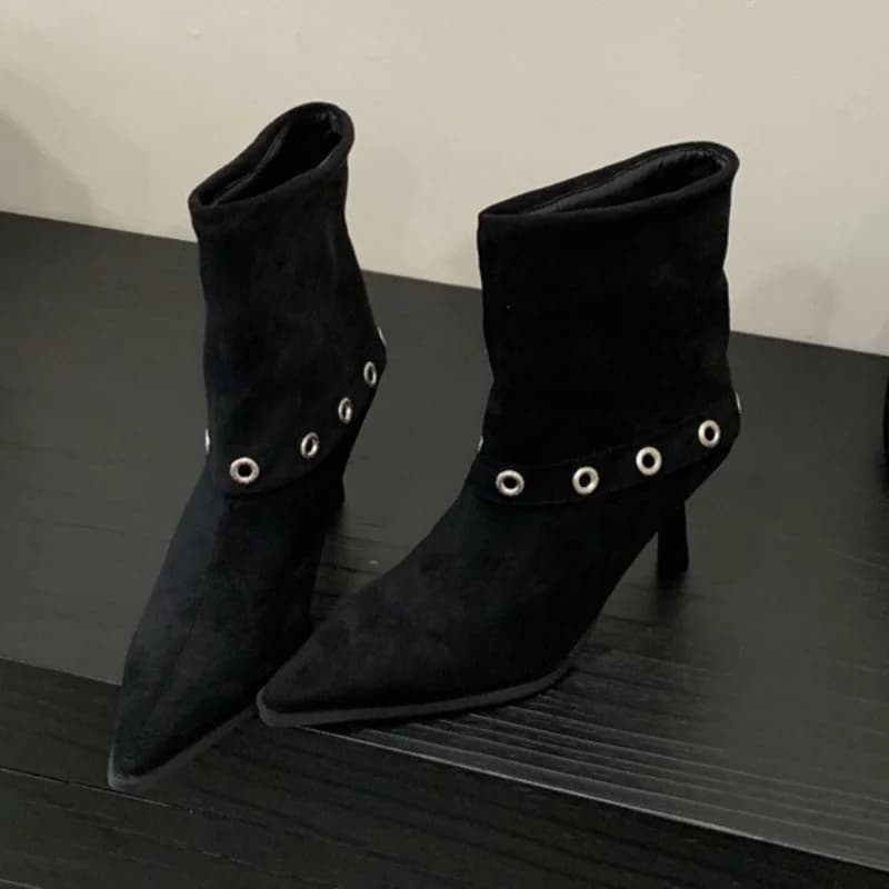 Fashion Rivet Detail Faux Suede Ankle Boots Women Elegant Pointed-Toe Thin Heels Boots Luxury Brand Designer Shoes Winter Boots