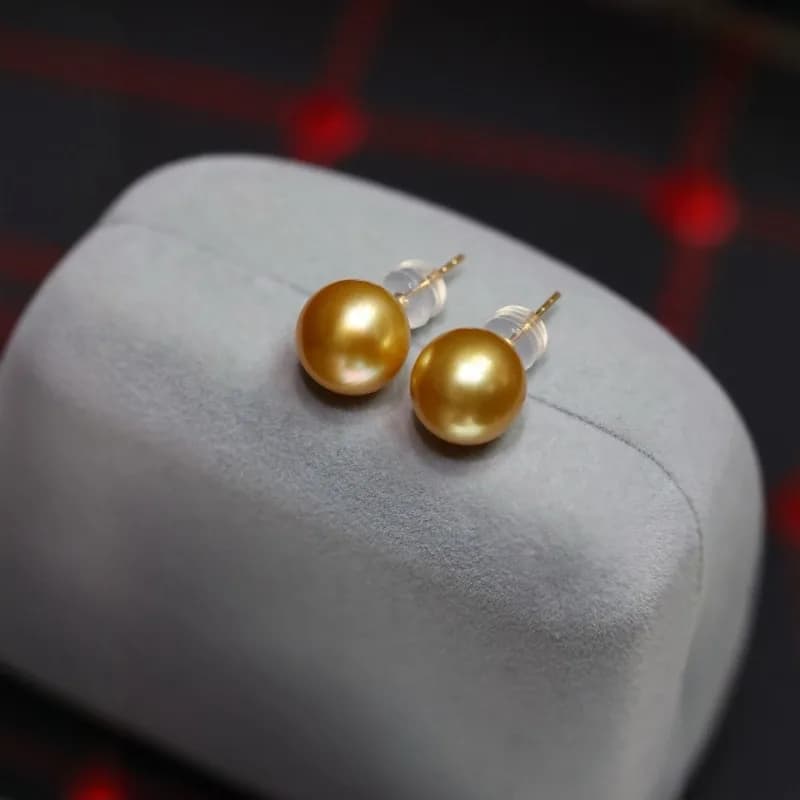 Orecchini con perline d'oro naturali da 9-10 mm, rotondi, con luce forte, in argento sterling 925