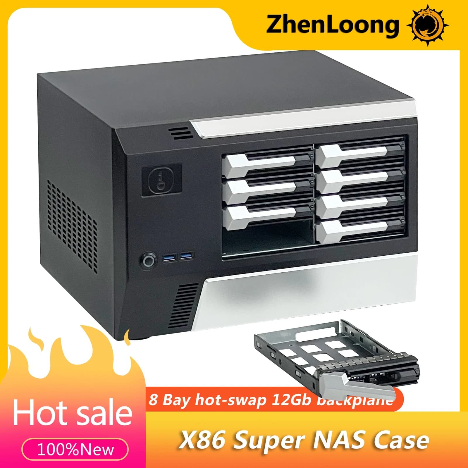 ZhenLoong Telaio per server di archiviazione con custodia NAS da 8 alloggiamenti Con backbplane SAS/SATA da 12 Gb SFF8643 Supporto MATX/ITX MB/FLEX PSU, 2 * USB3.0