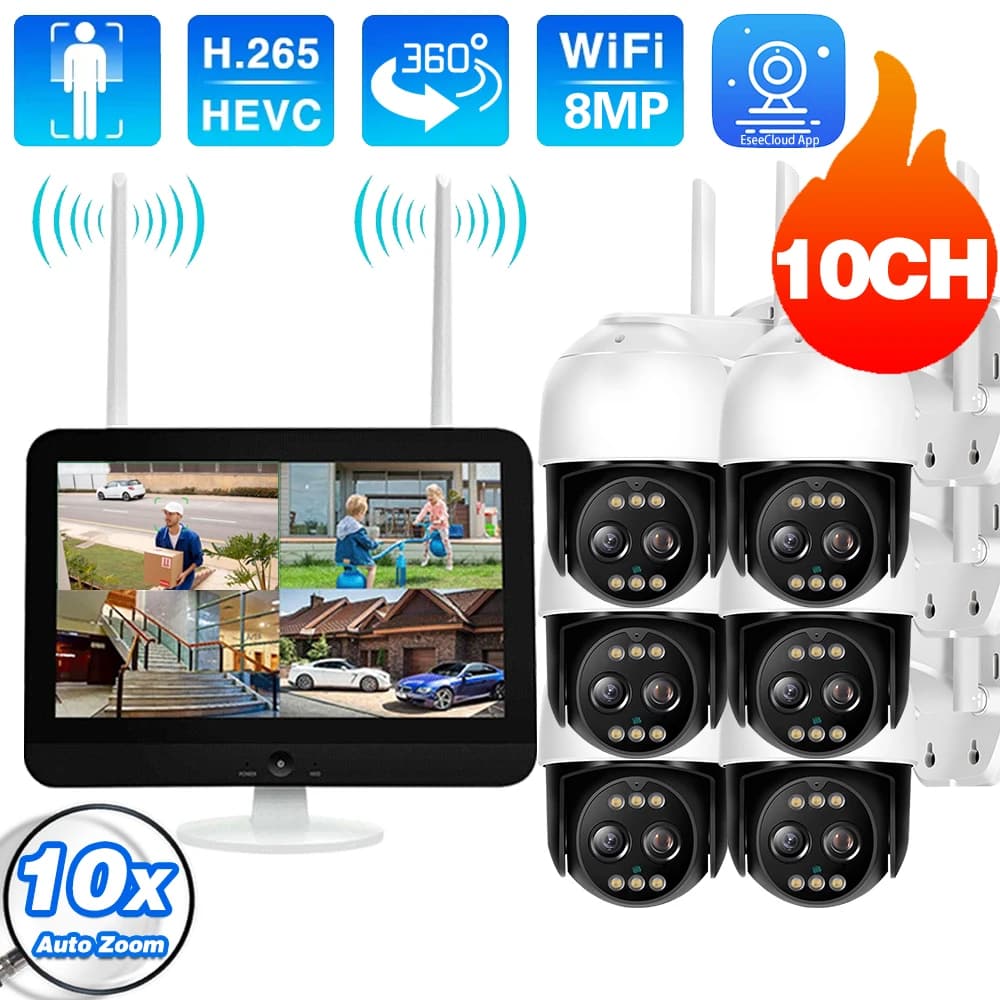 12.5 inch 10CH 8MP 10X Zoom PTZ Wireless Wireless Wifi Camera Kit Automatic Tracking External Security Camera Video Security System