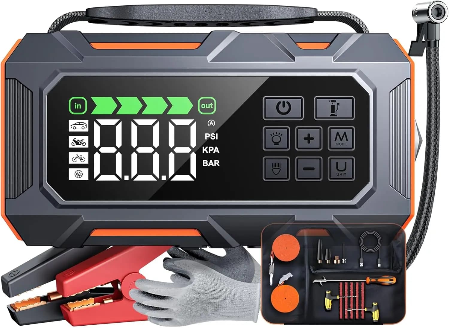 Avviatore di Emergenza Portatile 8000A con Compressore d'Aria, Kit di Emergenza 16-in-1 per Tutti i Veicoli a Benzina e Diesel da 14L