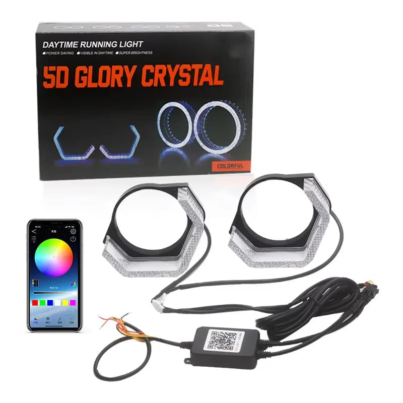 2.5 "3" 5D Crystal WRGB LED Angel Eyes Halo Anelli Coperture rettangolari DRL con indicatore di direzione Controllo app per faro dell'auto