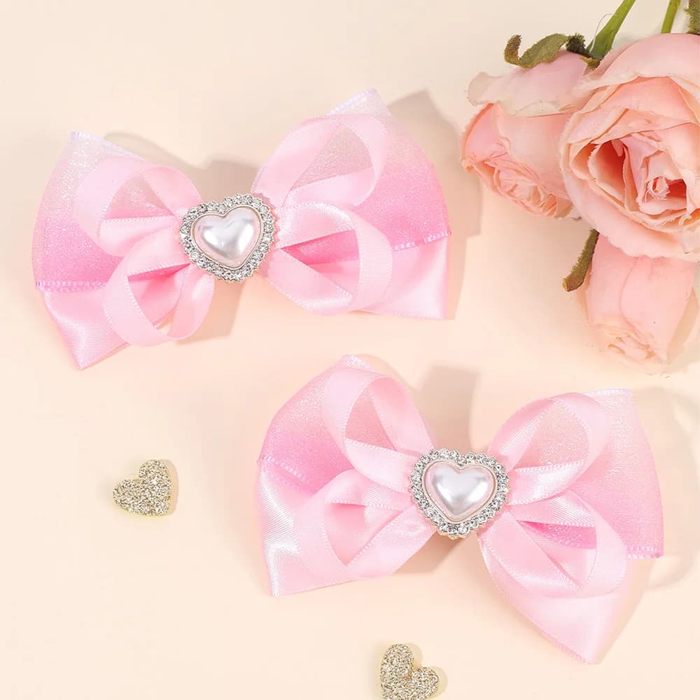 2 pezzi accessorio per capelli con fiocco in chiffon dolce principessa rosa barrette ragazza per bambini semplice copricapo con fiocco in strass a forma di cuore