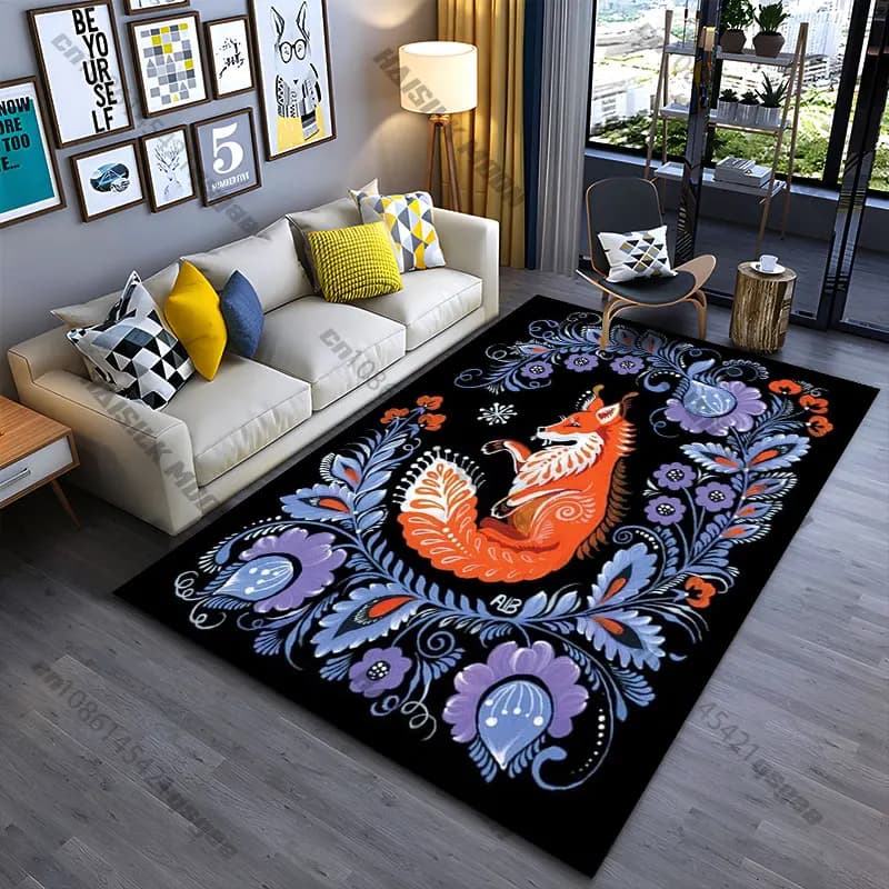 Decorative carpet with foxes and floral motifs, yoga mat, living room, decoration for the room, baby cat mat, game mat