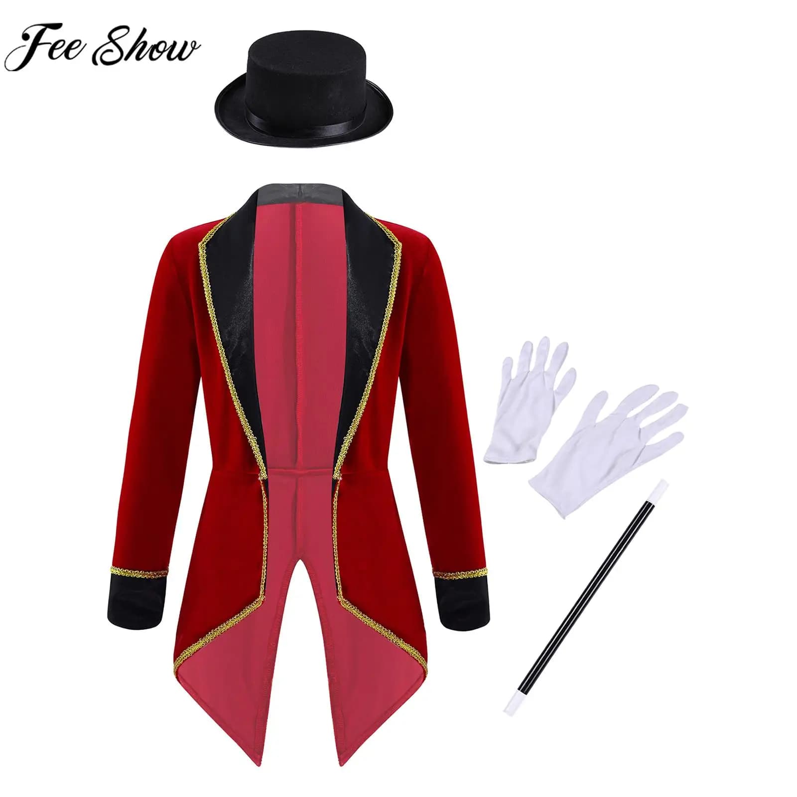 Boys Girls Halloween Carnival Circus Ringmaster Magician Showman Cosplay Costume Long Sleeve Lapel Velvet Tailcoat Tuxedo Jacket