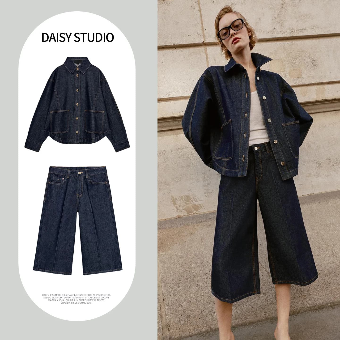 Set Moda Primaverile per Donna: Giacca di Jeans Casual a Maniche Lunghe con Colletto 7223031 e Pantaloncini a Vita Alta 7223032 con Bottoni Metallici